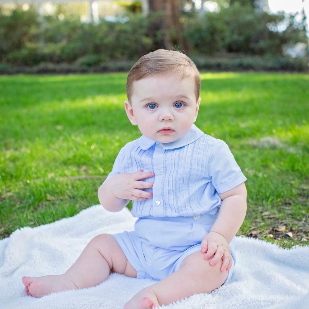 Sarah Louise England light blue shirt/short smock set 12 months